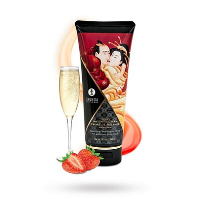 Массажный крем Shunga Sparkling Strawberry Wine, съедобный, клубника и шампанское, 200 мл