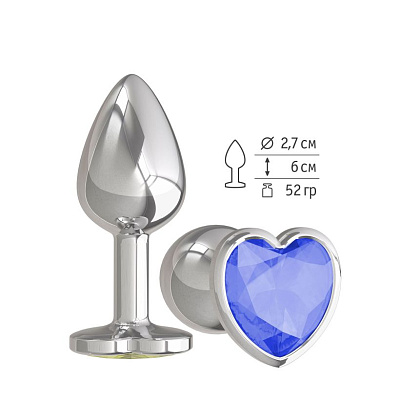 Анальная втулка Silver с синим кристаллом сердце маленькая